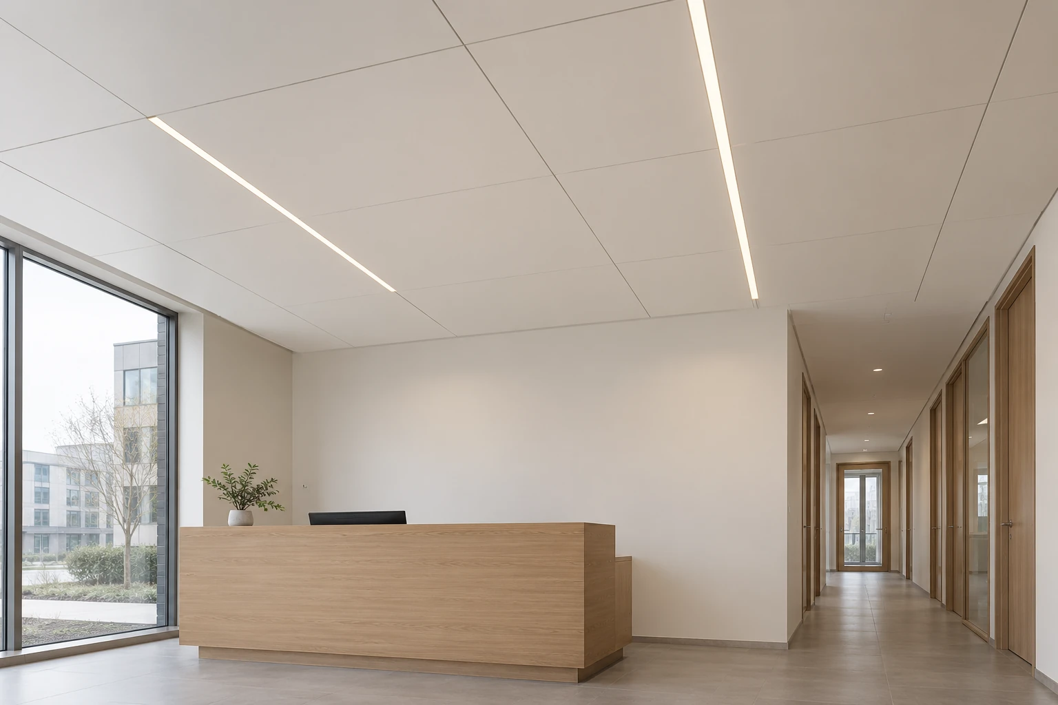 Application illustration of a reception area with pale ceiling panels, visible joints and linear lights