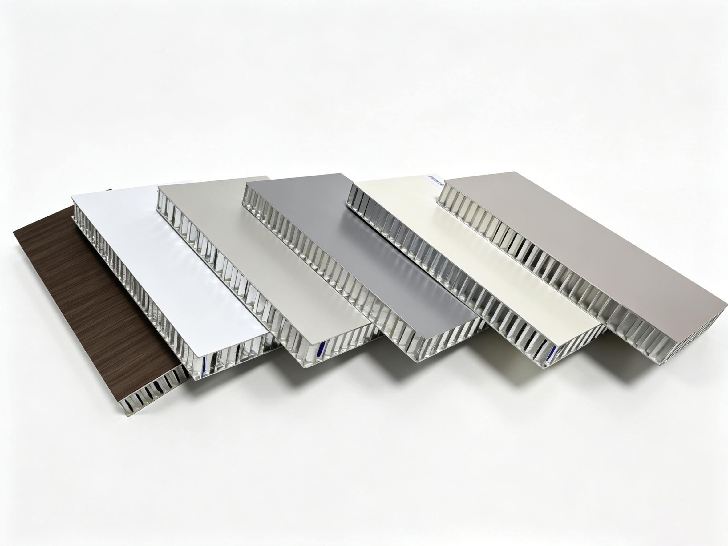 Decorative aluminum honeycomb panel samples showing several surface finishes