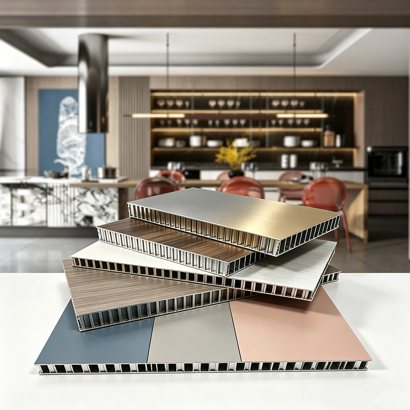 Aluminum honeycomb panel samples in solid, metallic and wood-look finishes displayed in an interior setting