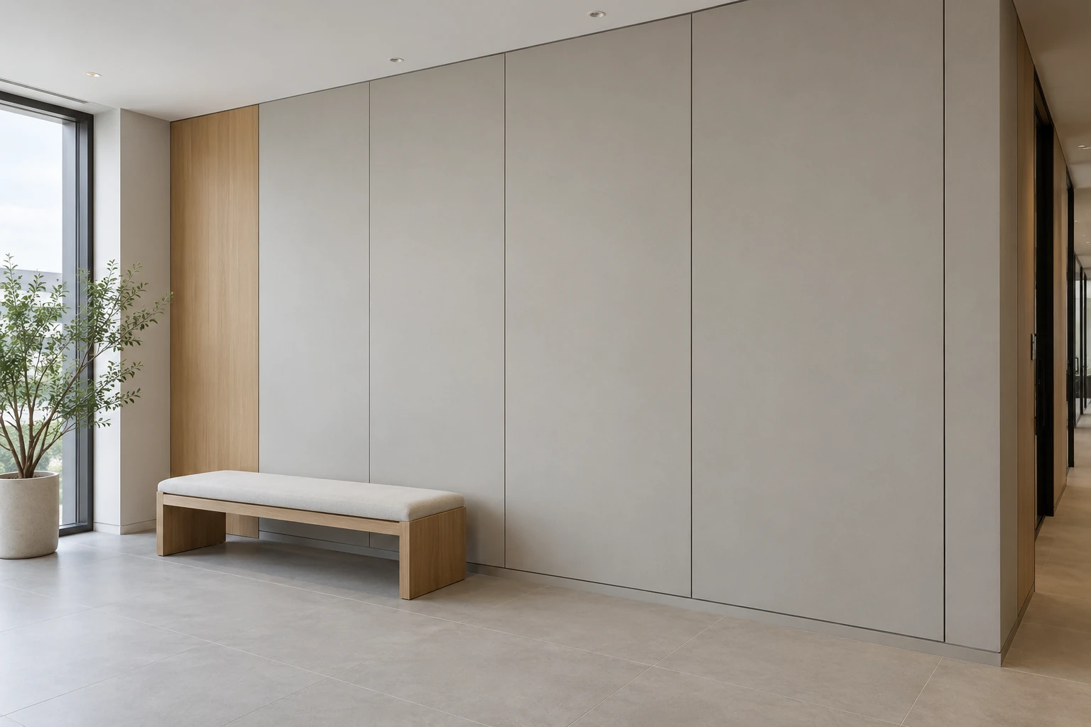 Application illustration of gray interior wall panels with vertical joints and a woodgrain accent